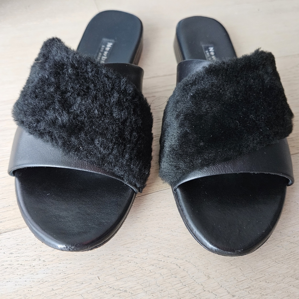 Newbark Women's Size 10 Yasmin Leather Shearling Slide Flat Sandal Black - Picture 8 of 11